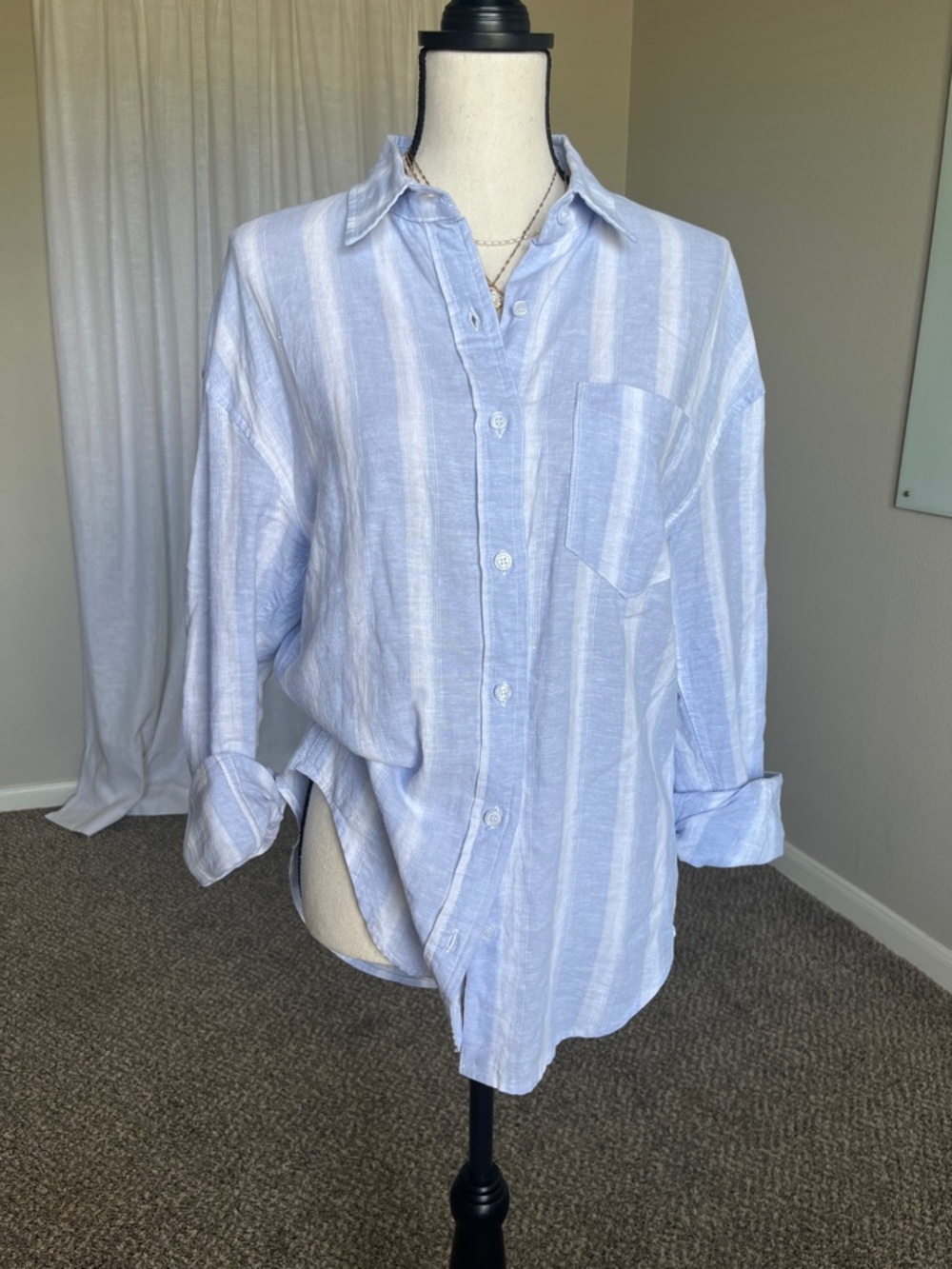 Yarn & Sea Linen Blend Button Down Shirt Size S Blue Stripe Relaxed Fit Coastal